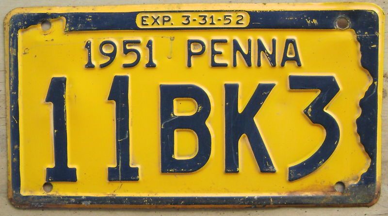 1951 1952 PENNSYLVANIA LICENSE PLATE # 11BK3  