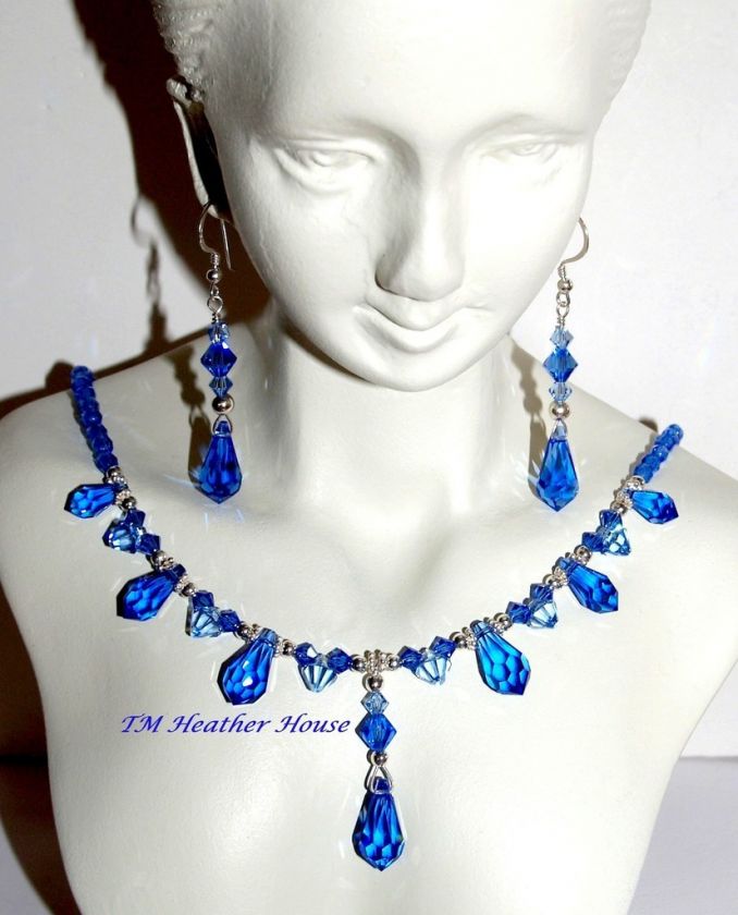 TMHH NECKLACE & EARRINGS W/ SWAROVSKI SAPPHIRE BRIOLETTES, CZECH FP 