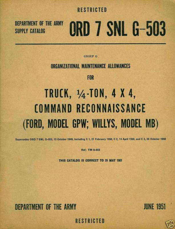 Military Manual Ford GPW Willys MB Jeep ORD 7 SNL G 503  