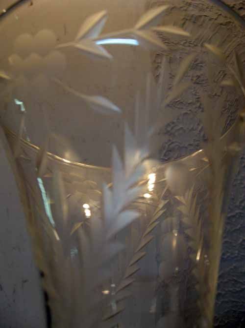 PR 30s ANTIQUE 10 GLASS TRUMPET VASE W ETCHED FLOWERS  