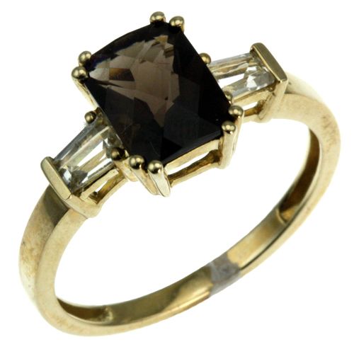 10k yellow gold smokey quartz and white topaz ring  