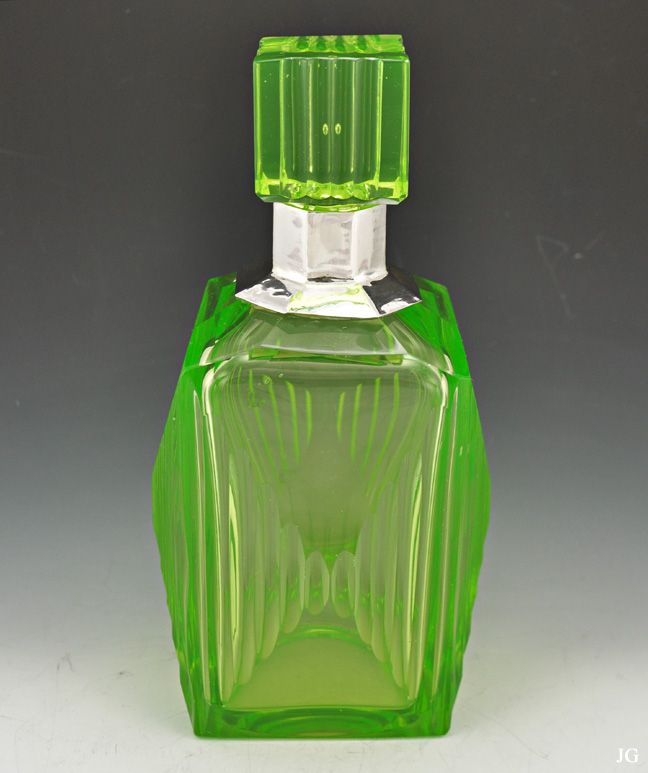   Vintage Lime Green Vaseline Glass Decanter C. 1900 1930  