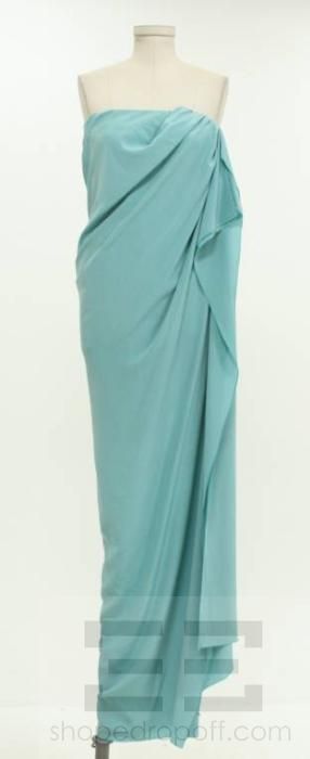 Lanvin Ete 2010 Sky Blue Silk Ruffled Long Strapless Gown Size 42 