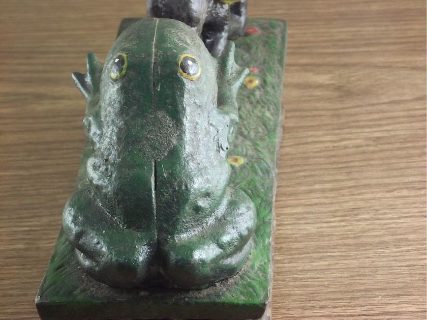 MAN ON GOAT FEEDS FROG COINS CAST IRON MECHANICAL BANK  