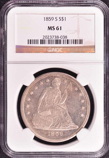 1859 S LIBERTY SEATED S$1 NGC MS 61  