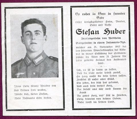 1943 German Death Card Obergefreiter Stefan Huber  