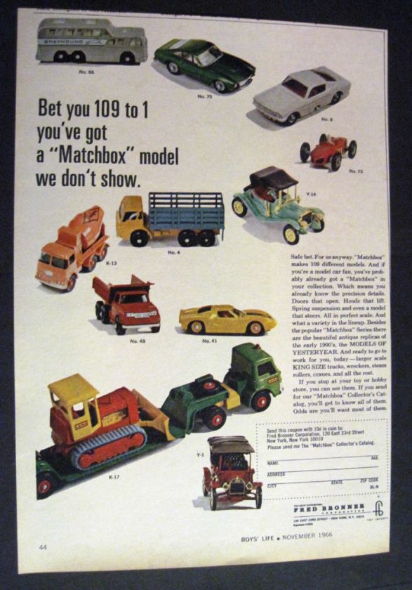   image of Matchbox Model Cars by Fred Bronner Corp 1966 Print Ad  