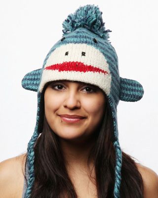 Knitwits Delux Sock Monkey Pilot Animal Hat BLUE / TURQ  