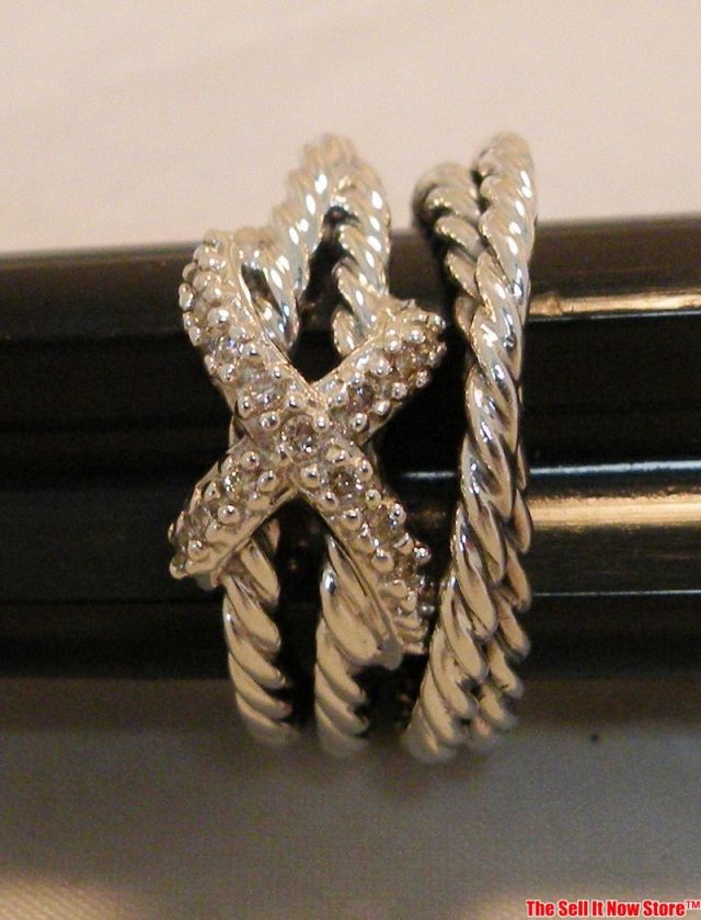   Sterling Silver Diamonds Ladies X Cable Crossover Ring Pouch NORES