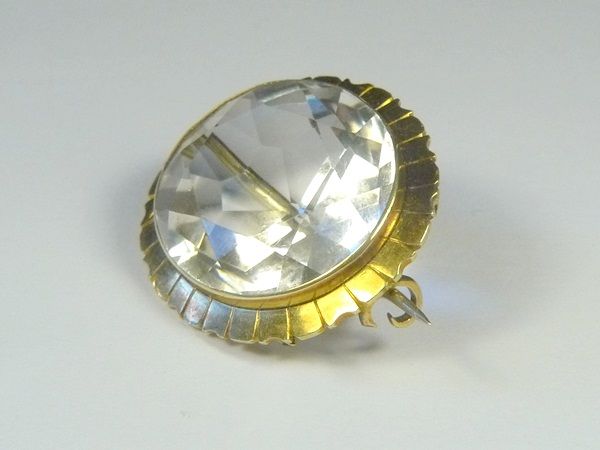 STUNNING QUALITY ANTIQUE ENGLISH 15K GOLD ROCK CRYSTAL BROOCH PIN 