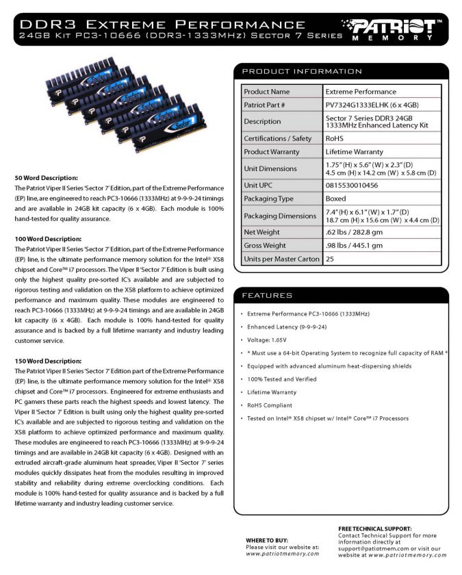 NEW★ PATRIOT VIPER II 24GB 6 x 4GB Sector 7 DDR3 10666 1333 