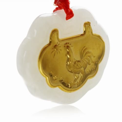 24K Gold & Jade Chinese Zodiac Rooster Pendant KU012  