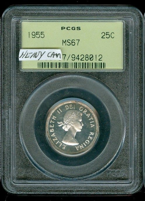 1955 CANADA 25 CENTS PCGS PL67 HEAVY CAMEO FINEST .  