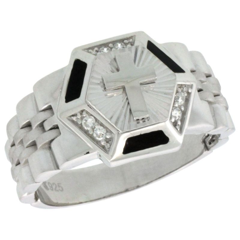 Sterling Silver Mens Watch Band Style Hexagon Ring w/ CZ Stones, 17 