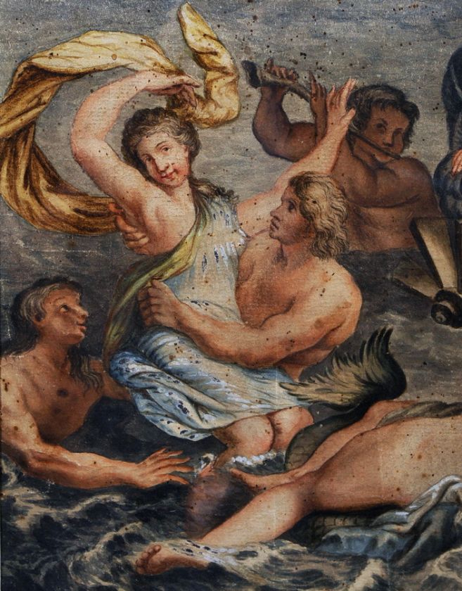 Authentic c.1730 Old Master Watercolor Painting Marriage of Neptune 