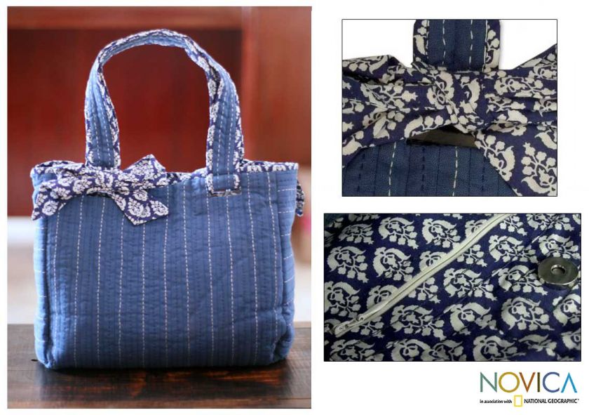 FLIRTY BLUE~~India Quilted Cotton Tote Handbag~Handmade  