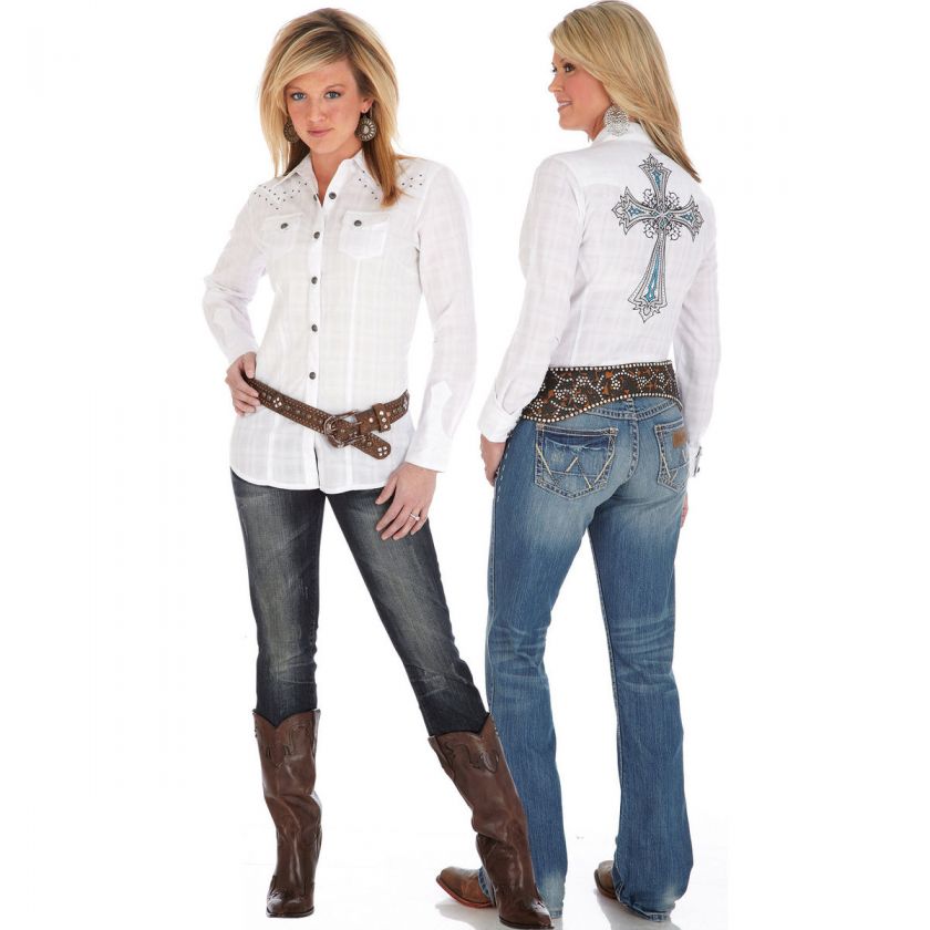 Womens Wrangler LW8421W White with Cross Studded Snap Western Shirt 