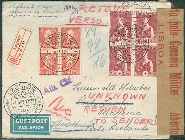   1943, Multi franked registered censored cover to SPAIN w/German censor