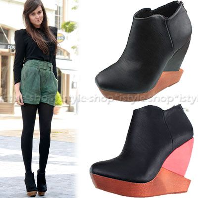 Celebrity Zip back Wooden Abstract Platform Wedge Shoes  