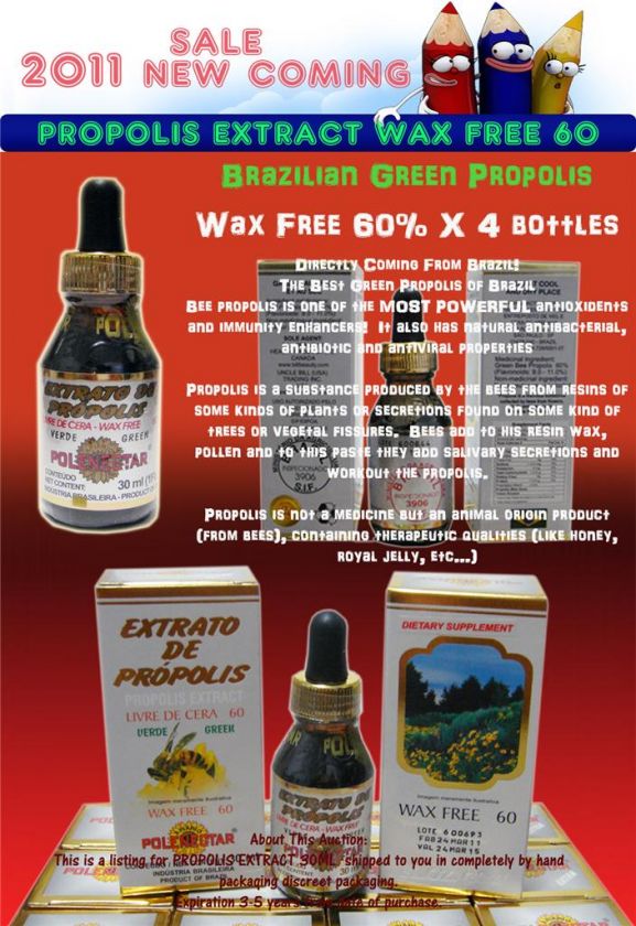 PROPOLIS EXTRACT GREEN WAX FREE 60 BRAZIL X 4 BOTTLES  