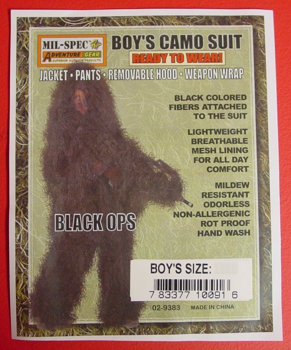 tac Sniper GHILLIE CAMOFLAGE SUIT   BLACK camo YOUTH BOYS CHILD L/XL 