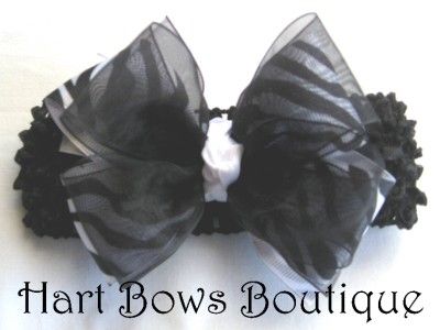 baby BLACK & WHITE ZEBRA PRINT BOW on crochet HEADBAND  