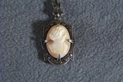 WOW SILVER MARCASITE CAMEO PENDANT LAVALIERE NECKLACE  