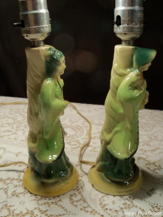 Pair Mid Century Green Oriental Musician Vanity Lamps  