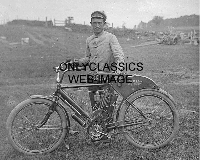 1907 INDIAN MOTORCYCLE BICYCLE PHOTO PROUD MAN HAT HORN  