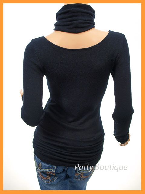 Mangas largas acanaladas top blusa túnica de cuello alto