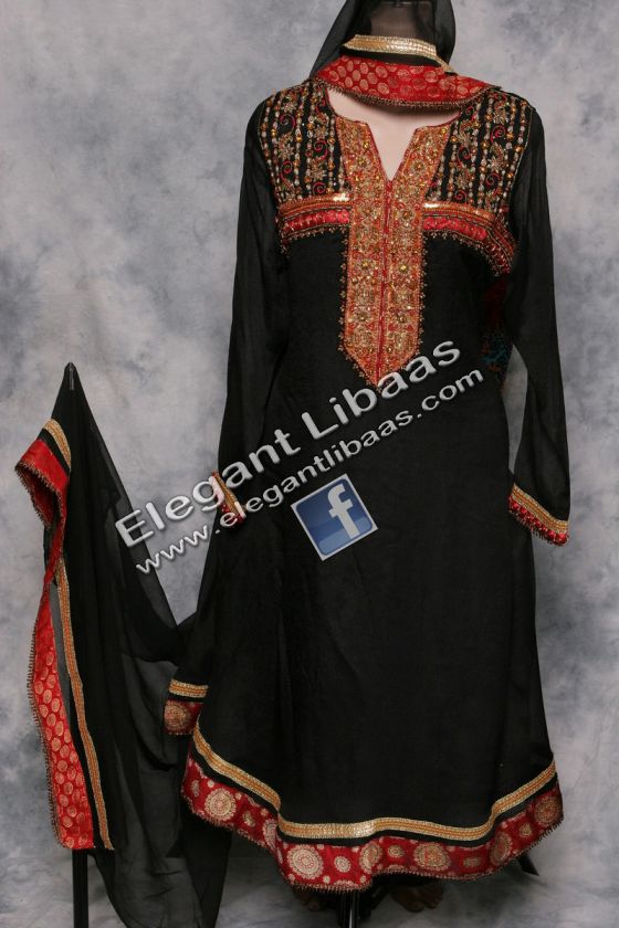   Pakistani Salwar Kameez Black Party Heavy Zari Anarkali M/L  