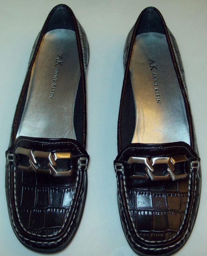 ANNE KLEIN MOC CROC BLACK LEATHER LOAFERS SHOES 6 M  