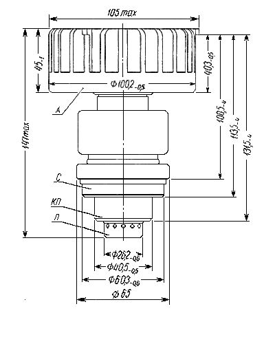 anode; C   grid; KP   cathode and heater; P   heater