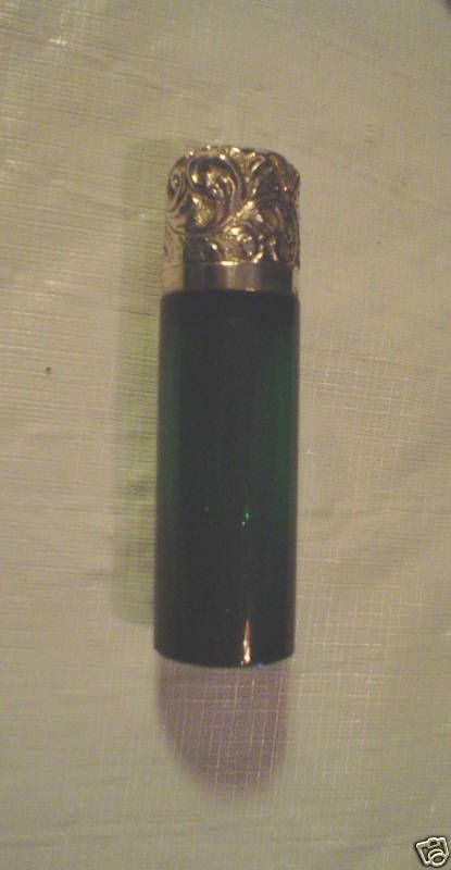 GREEN GLASS PERFUME / SCENT BOTTLE SILVER TOP c. 1890s  