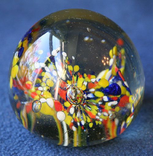 Vtg Art Glass Paperweight Yellow Orange Blue Flowers  