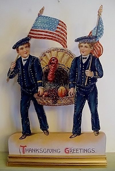 BOYS in MILITARY DRESS w/ TURKEY   THANKSGIVING Decoration Vtg 