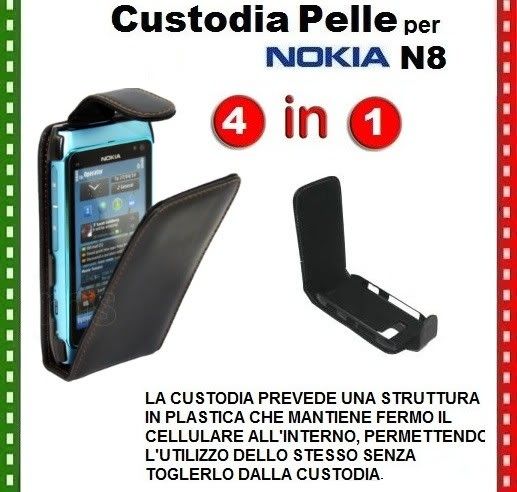 CUSTODIA IN PELLE NERA CON CHIUSURA A FLIP SPECIFICO PER NOKIA N8