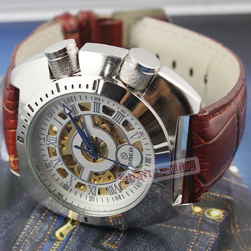   Skeleton Dial Mens Watch Automatic 2 Big Winder Brown Leather  