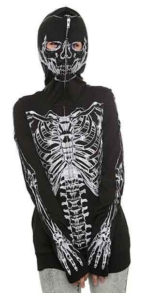 Skeleton Mask Bones Glow In The Dark Halloween Black Full Zip Hoodie 