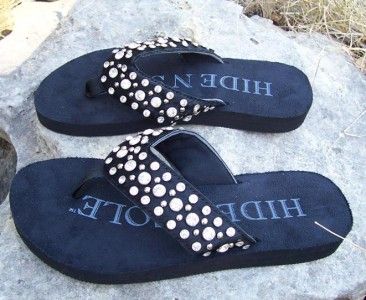 HIDE N SOLE Western Bling RHINESTONE Black FLIP FLOPS  