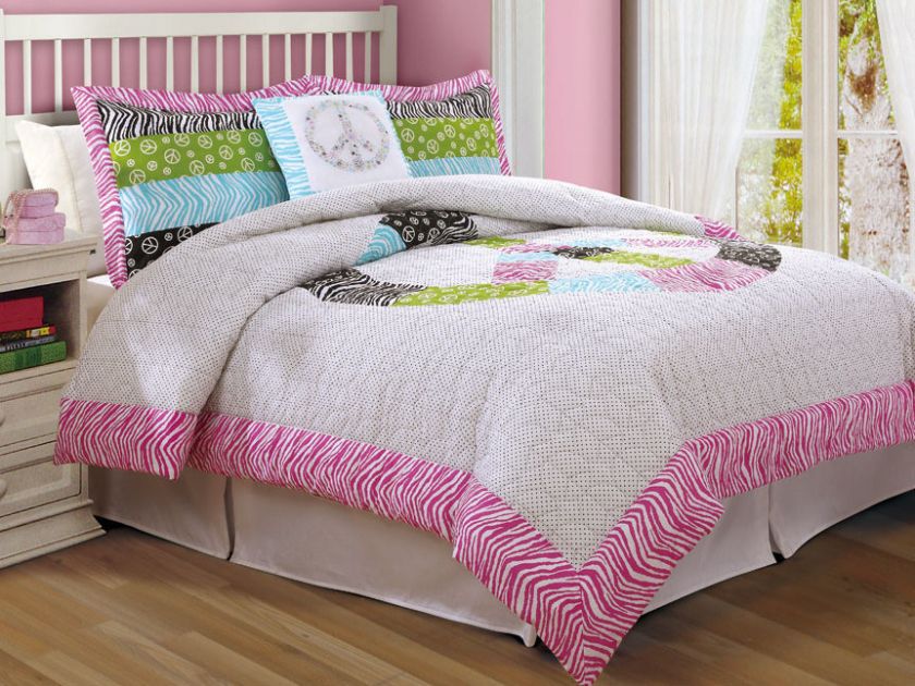 PEACE SIGN Full/Queen 3p Comforter Set Zebra Retro TEEN  