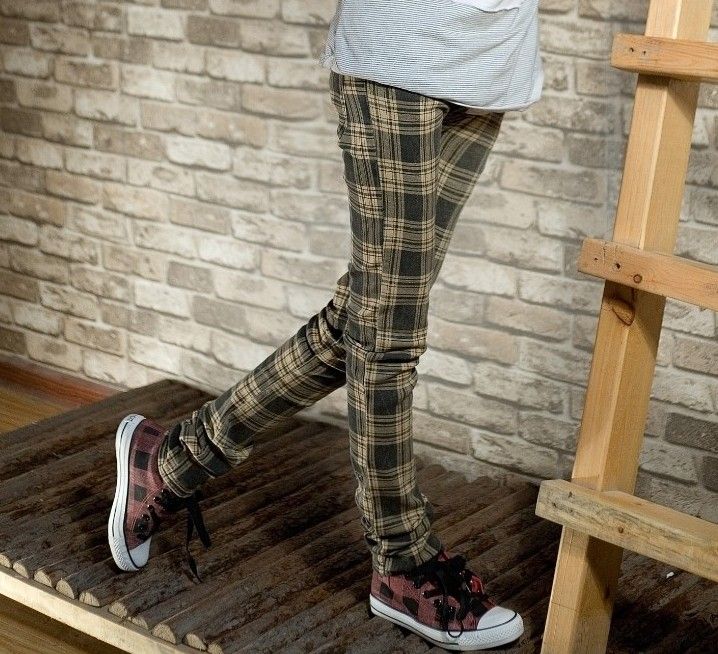 Women Stylish Plaid Tight Long Cotton Pants Trousers  