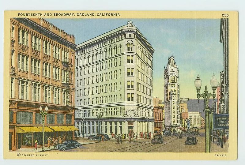 CARS @ FOURTEENTH & BROADWAY OAKLAND CA 1935 POSTCARD (6235044115 