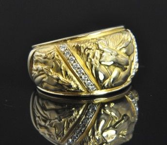   Carrera 18K Yellow Gold Diamond Horse Wide Cigar Band Ring Sz 7.5