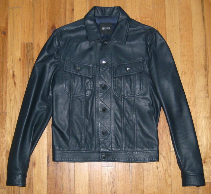 Spurr Navy Blue Lambskin Leather Trucker Jacket Simon Lamb Skin Mens 