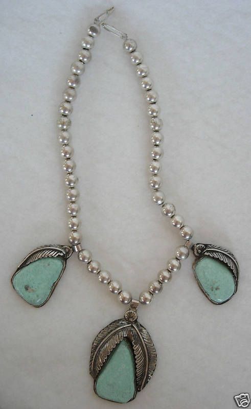Southwest Tribal Silver Bead Leaf Turquoise Necklace  