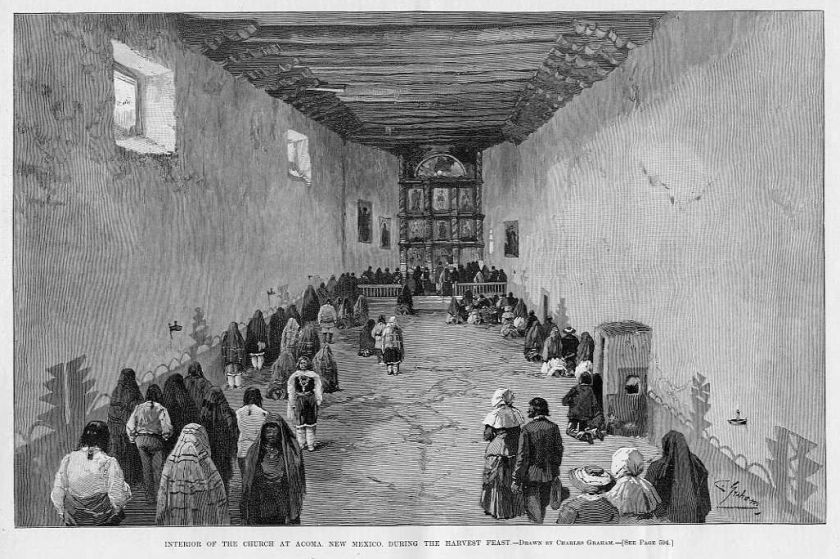 ACOMA, NEW MEXICO CHURCH, ANTIQUE PRINT, HARVEST FEAST  