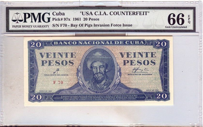 CUBA 1961 20 PESO CIA COUNTERFEIT GEM CU PMG 66 epq  