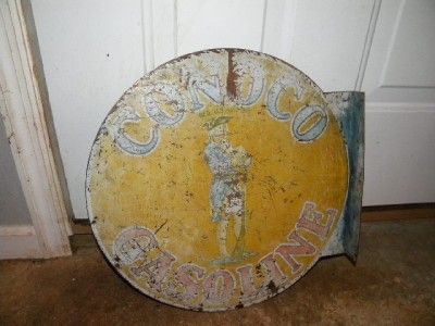 Old Conoco Gas Oil Tin Flange Sign w/ Minuteman ORIG  