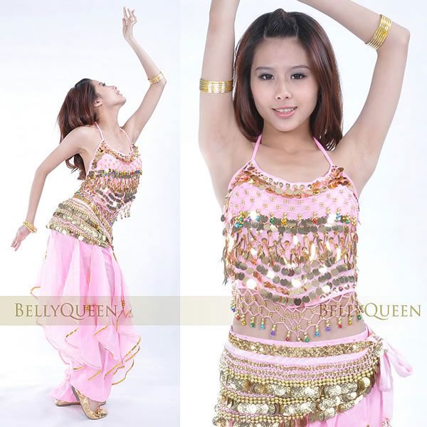 Belly Dance Costume Peppers Top Bra With Gold Wavy Harem Pants Skirt 